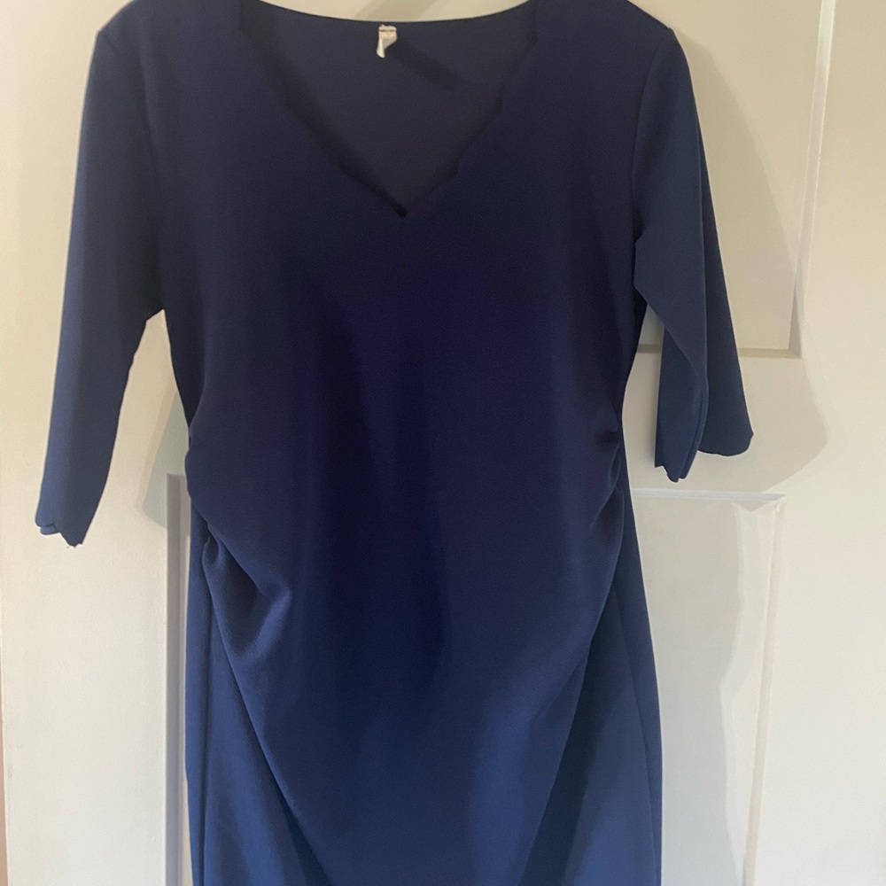 Elegant Navy Blue Maternity Dress with Scallop Detail